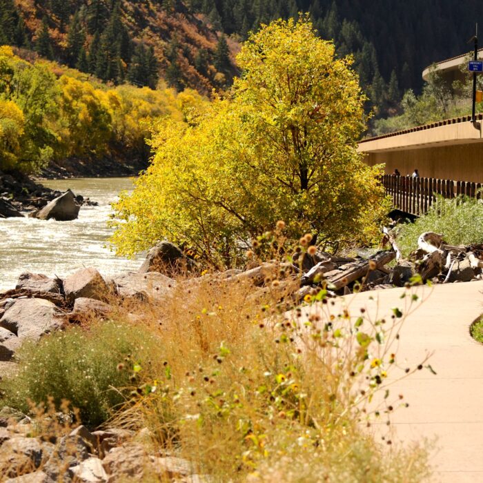 This image is of the paved trail in Glenwood Canyon. It is lined with wildflowers, vegetation, and rocks, and follows the river. Creating a beautiful area for recreation and leisure.